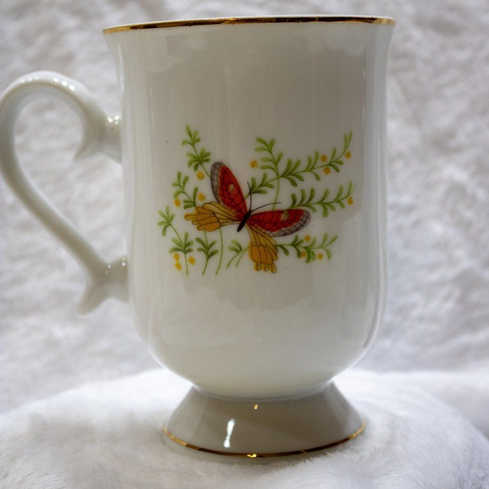 Vintage Ecstasy Coffee Tea Mug Cup Floral Butterflies Pedestal Footed 10 Oz - Picture 2 of 3